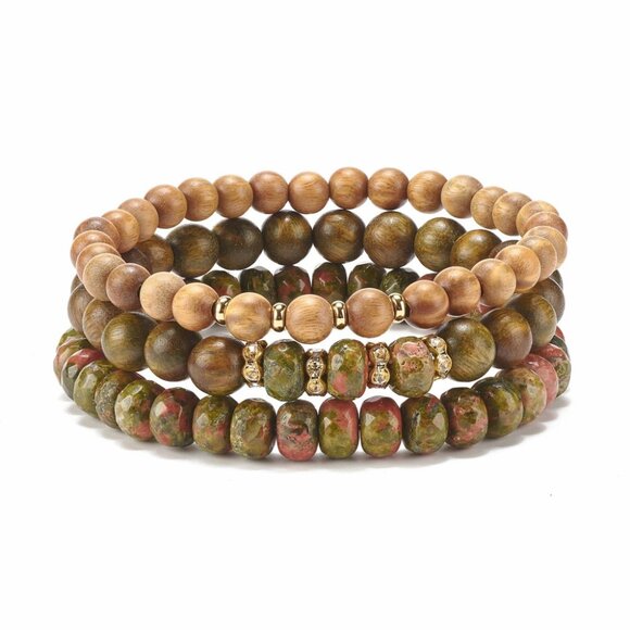 NWOT 3 piece stackable stretch bracelet Unakite Faceted gemstones 2/$25 - Picture 1 of 8